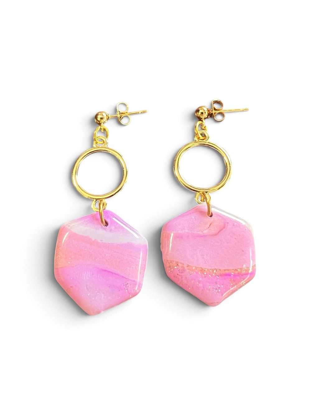 Clay Earrings Gold Hoop Pink Hexagon Drop Women Jewelry Polymer